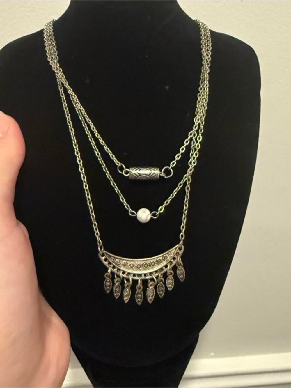 Layered Silver-Tone Pendant Necklace with Filigree Crescent